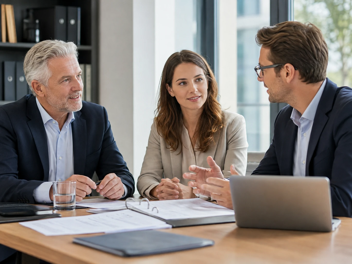 Drei Menschen besprechen Immobilienunterlagen am Tisch